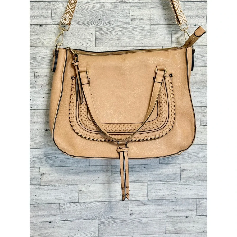 Sole Society Tan Vegan Leather Satchel Boho Whipstitch Woven Strap Crossbody Bag